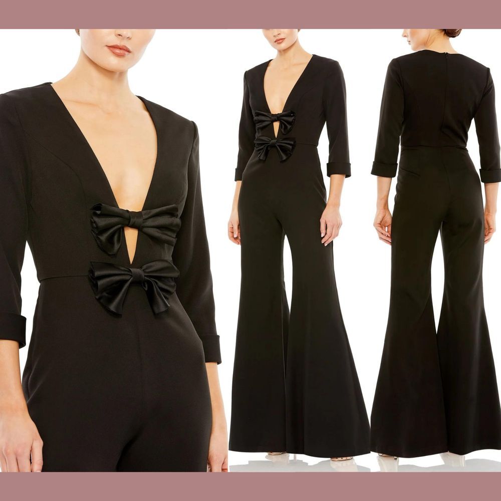NWT $398 IEENA Mac Duggal [ 12 ] Long Sleeve Bow Detail Wide Leg‎ Jumpsuit